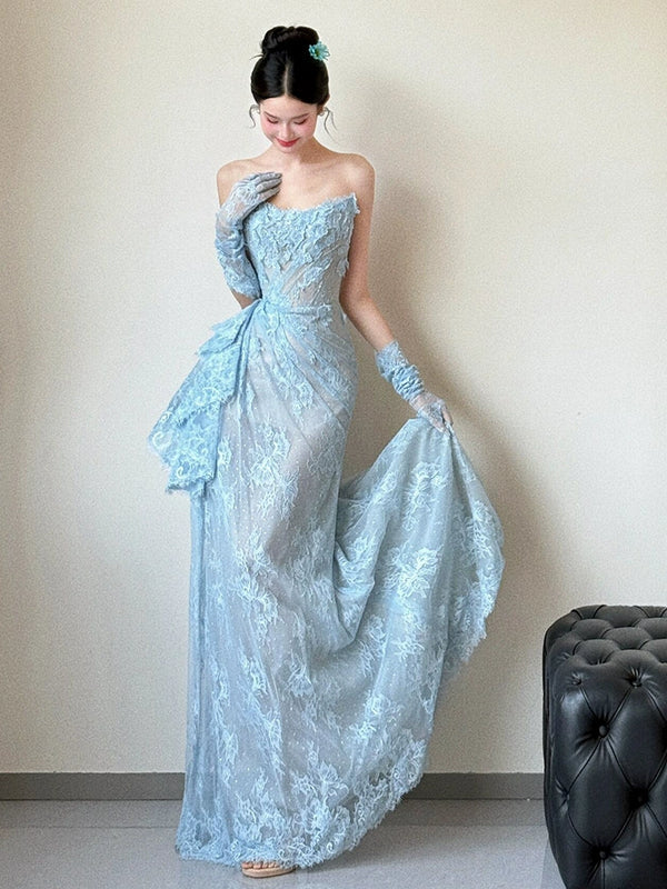 Glam Strapless Sheath Long Prom Dresses with Appliques, Lace Blue Formal Dresses ED04472