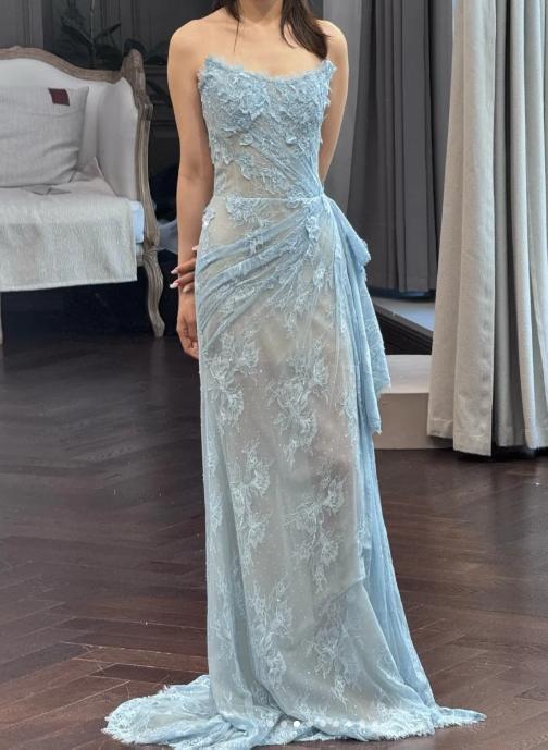 Glam Strapless Sheath Long Prom Dresses with Appliques, Lace Blue Formal Dresses ED04472
