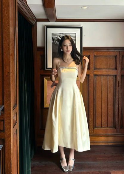 Fairy Spaghetti Straps A-Line Tea Prom Dresses, Satin Pale Yellow Formal Dresses ED04475