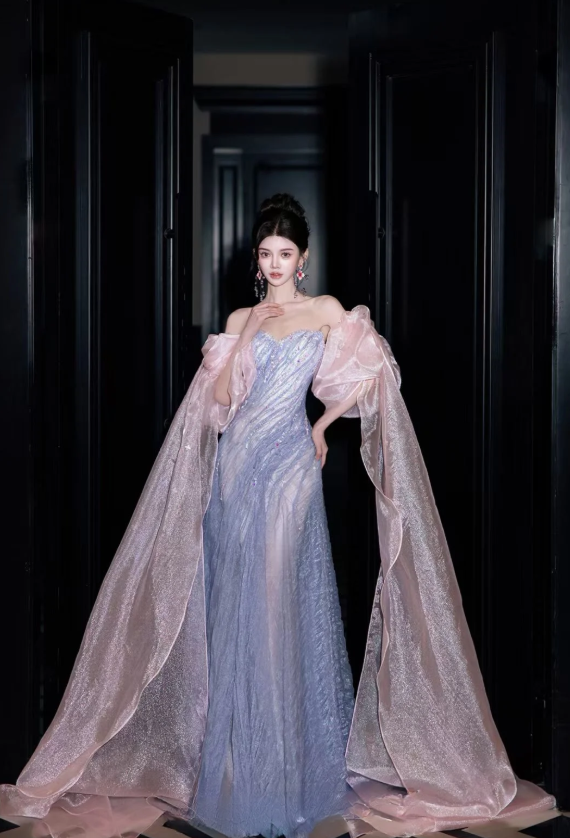 Gorgeous Strapless Sheath Long Prom Dresses, Tulle Grey Blue Formal Dresses ED04476