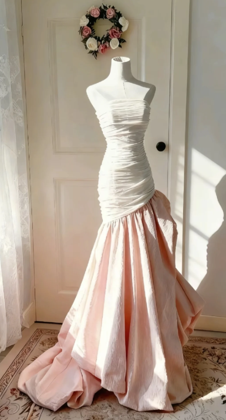 Glam Strapless Mermaid Long Prom Dresses, Pleated Taffeta Pink Evening Gowns ED04477