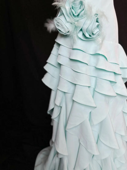 Vintage One Shoulder A-Line Long Prom Dresses, Tiered Chiffon Blue Evening Gowns ED04478