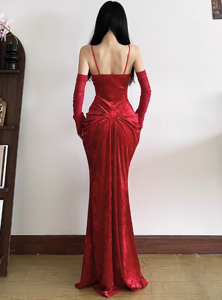 Sexy Mermaid Long Prom Dresses, Burgundy Formal Dresses Velvet Spaghetti Strap New Year's Eve Dress ED04479