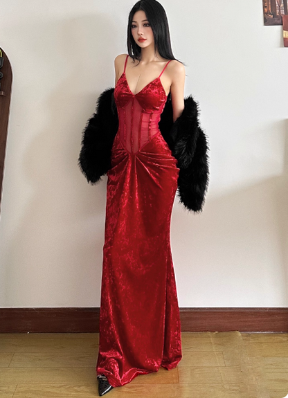 Sexy Mermaid Long Prom Dresses, Burgundy Formal Dresses Velvet Spaghetti Strap New Year's Eve Dress ED04479