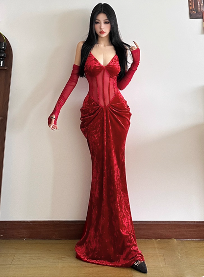 Sexy Mermaid Long Prom Dresses, Burgundy Formal Dresses Velvet Spaghetti Strap New Year's Eve Dress ED04479