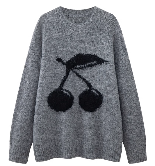Mohairpullover mit Kirschstickerei und Rundhalsausschnitt ED0447