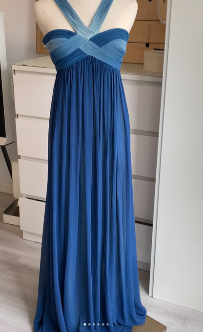 Robes d'anniversaire élégantes bleu dégradé, col en V, paillettes, mousseline, fourreau, robes de bal, robes de soirée ED04456