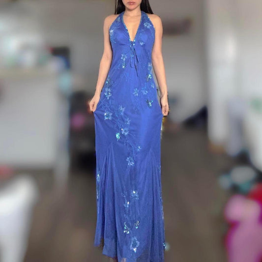 Vintage Halter Mermaid Long Prom Dresses, Beaded Chiffon Blue Formal Dresses ED04481