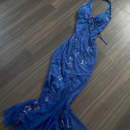 Vintage Halter Mermaid Long Prom Dresses, Beaded Chiffon Blue Formal Dresses ED04481