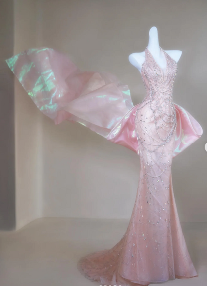 Fairy Halter Mermaid Long Prom Dresses, Tulle Rhinestone Pink Birthday Dresses ED04482