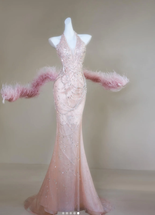 Fairy Halter Mermaid Long Prom Dresses, Tulle Rhinestone Pink Birthday Dresses ED04482