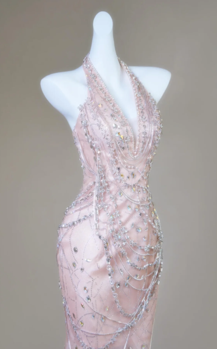 Fairy Halter Mermaid Long Prom Dresses, Tulle Rhinestone Pink Birthday Dresses ED04482