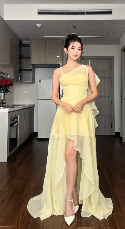 Chic Spaghetti Straps Sheath Hi-Lo Birthday Dresses, Chiffon Yellow Formal Dresses ED04483