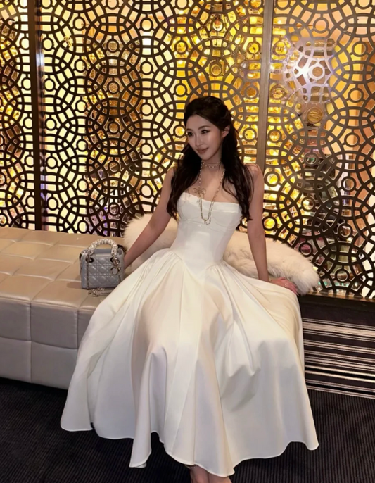Chic Strapless A-Line Birthday Dresses, White Formal Dresses ED04485