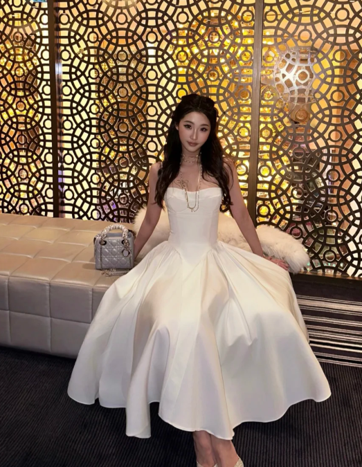 Chic Strapless A-Line Birthday Dresses, White Formal Dresses ED04485