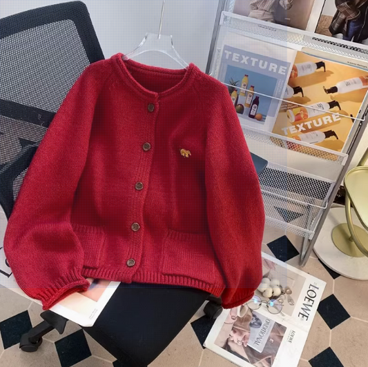 Vintage Bestickter Rundhalspullover mit lockerem Cardigan ED0448