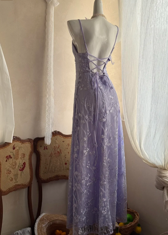 Elegant Spaghetti Strap Sheath Prom Dresses,Lace Purple Long Formal Dresses ED04492