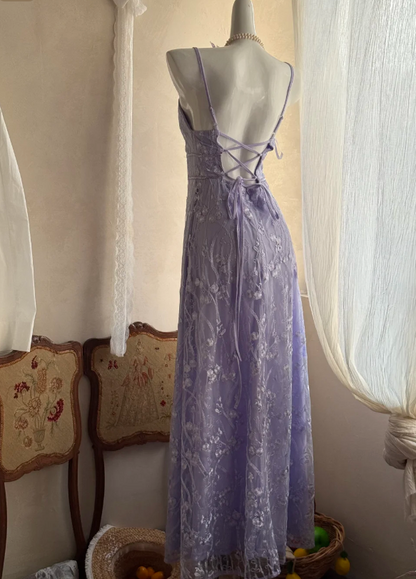 Elegant Spaghetti Strap Sheath Prom Dresses,Lace Purple Long Formal Dresses ED04492