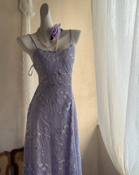 Elegant Spaghetti Strap Sheath Prom Dresses,Lace Purple Long Formal Dresses ED04492