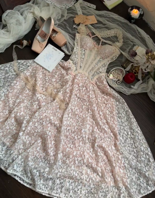 Cute Lace Strap A-Line Birthday Dresses Pink Formal Dresses ED04495