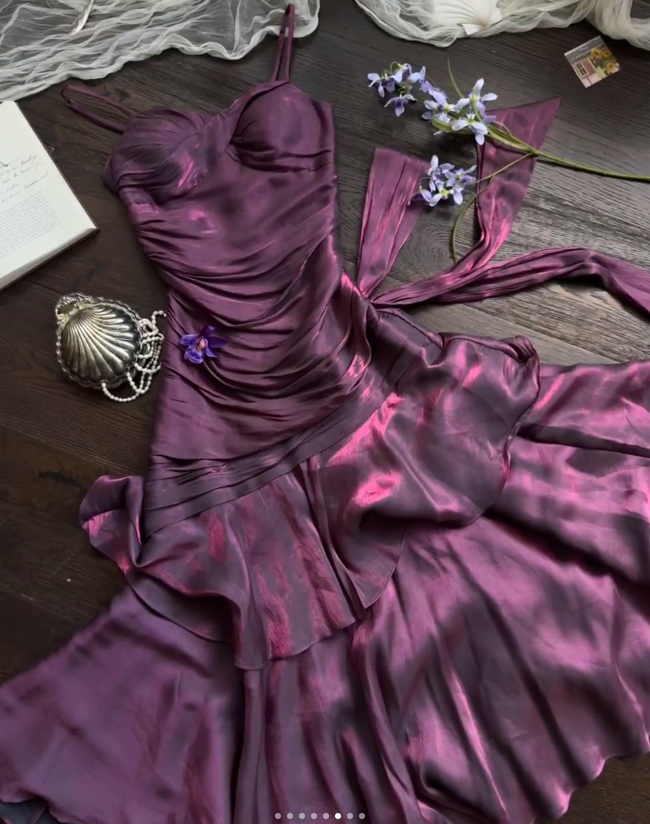 Chic Spaghetti Strap Sheath Long Prom Dresses with Ruffles Dark Purple Formal Dresses ED04496