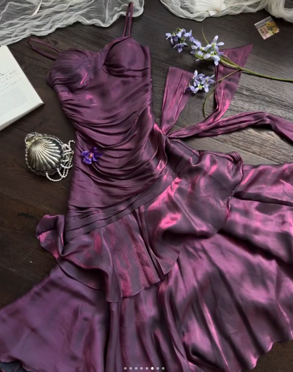 Chic Spaghetti Strap Sheath Long Prom Dresses with Ruffles Dark Purple Formal Dresses ED04496