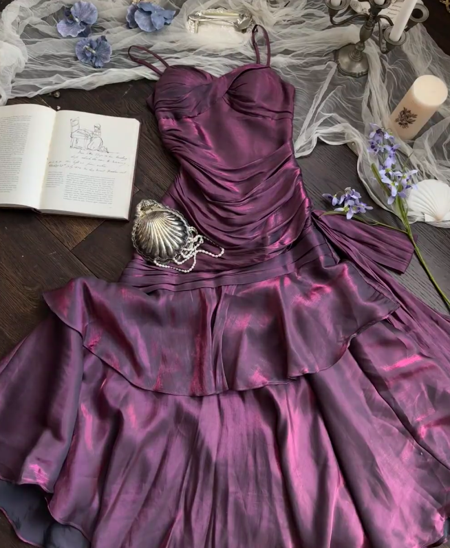 Chic Spaghetti Strap Sheath Long Prom Dresses with Ruffles Dark Purple Formal Dresses ED04496