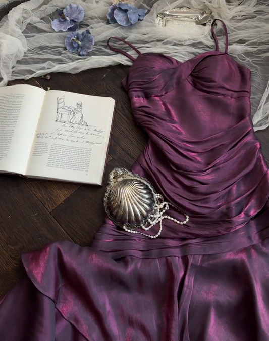 Chic Spaghetti Strap Sheath Long Prom Dresses with Ruffles Dark Purple Formal Dresses ED04496