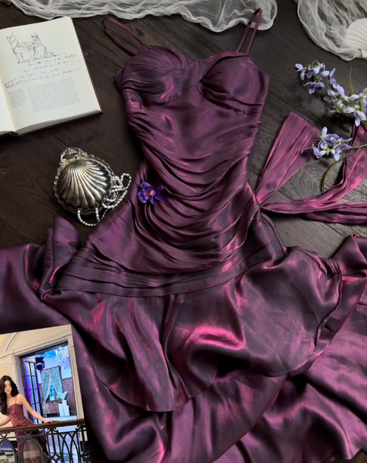 Chic Spaghetti Strap Sheath Long Prom Dresses with Ruffles Dark Purple Formal Dresses ED04496