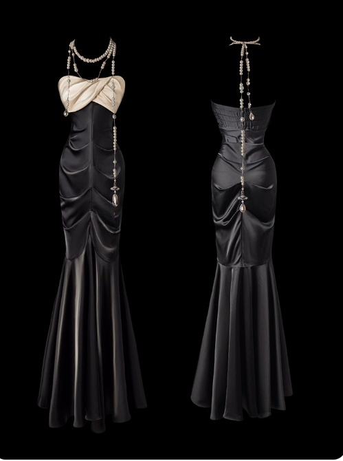 Chic Strapless Mermaid Long Prom Dresses Satin Black Formal Dresses ED04497