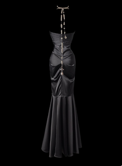Chic Strapless Mermaid Long Prom Dresses Satin Black Formal Dresses ED04497