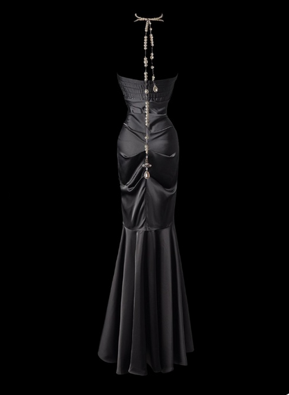 Chic Strapless Mermaid Long Prom Dresses Satin Black Formal Dresses ED04497