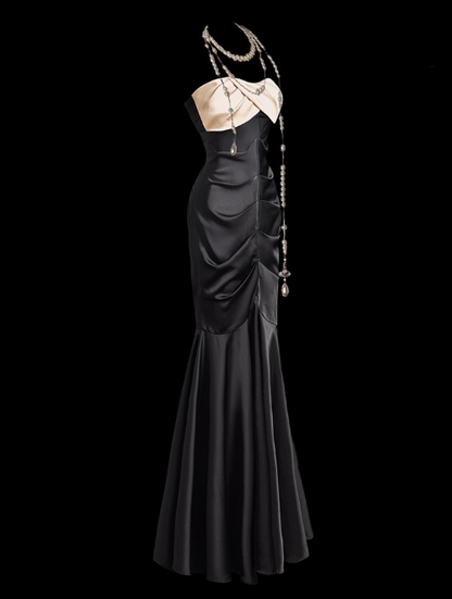Chic Strapless Mermaid Long Prom Dresses Satin Black Formal Dresses ED04497