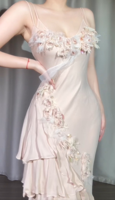Vintage Spaghetti Strap Sheath Long Prom Dresses Chiffon Applique Formal Dresses ED04498