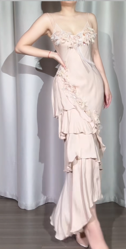 Vintage Spaghetti Strap Sheath Long Prom Dresses Chiffon Applique Formal Dresses ED04498