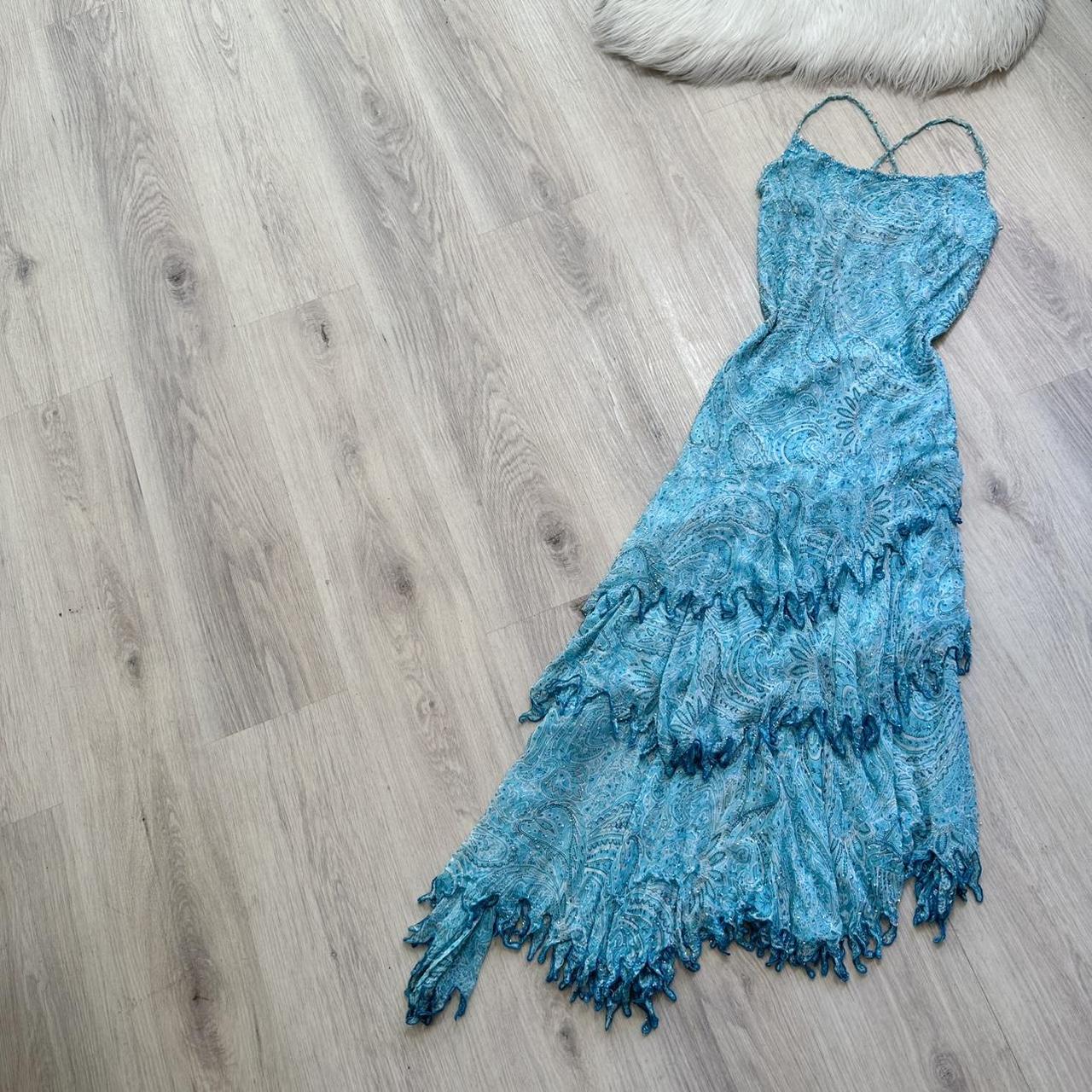Glam Spaghetti Strap Sheath Prom Dresses Chiffon Beaded Blue Formal Dresses ED04499
