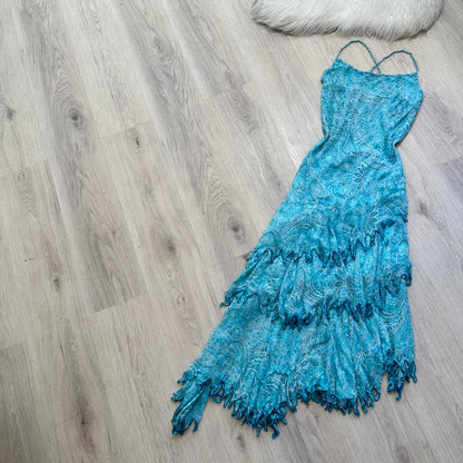 Glam Spaghetti Strap Sheath Prom Dresses Chiffon Beaded Blue Formal Dresses ED04499