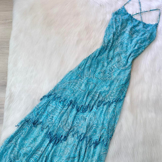 Glam Spaghetti Strap Sheath Prom Dresses Chiffon Beaded Blue Formal Dresses ED04499