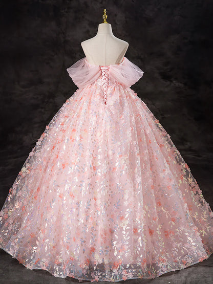 A-Line Off Shoulder Tulle Lace Pink Long Prom Dress, Pink Sweet 16 Dress ED045