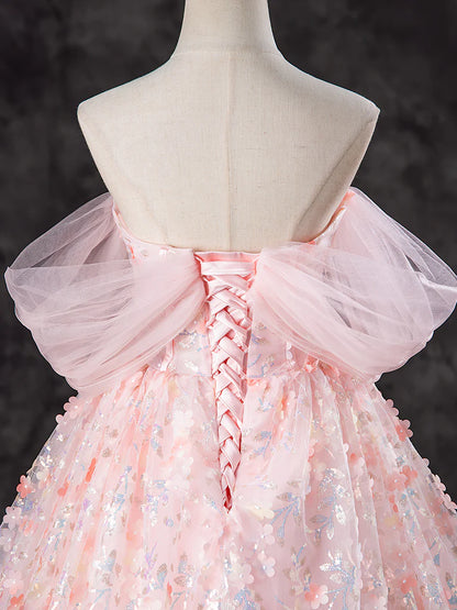 A-Line Off Shoulder Tulle Lace Pink Long Prom Dress, Pink Sweet 16 Dress ED045