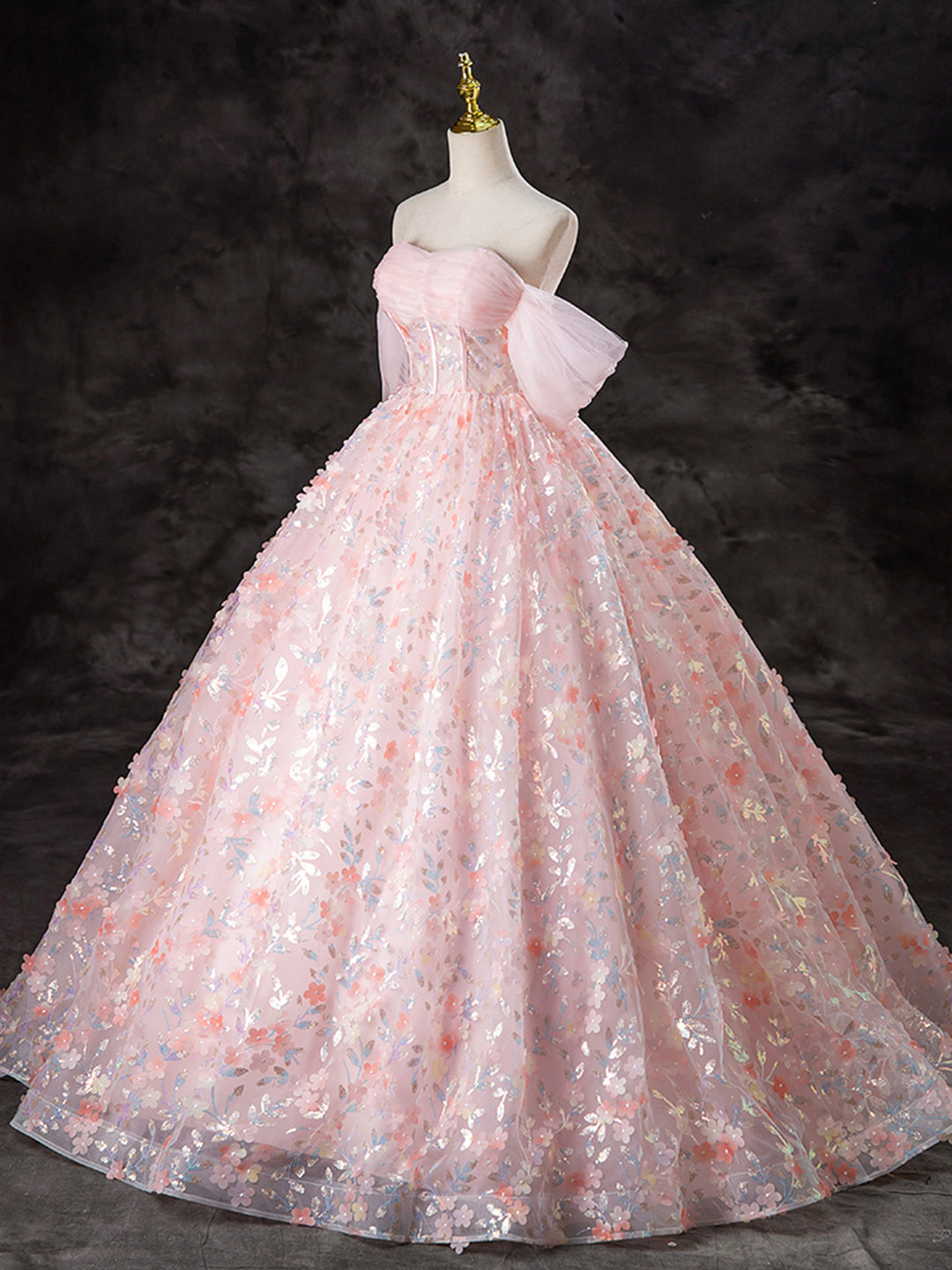 A-Line Off Shoulder Tulle Lace Pink Long Prom Dress, Pink Sweet 16 Dress ED045