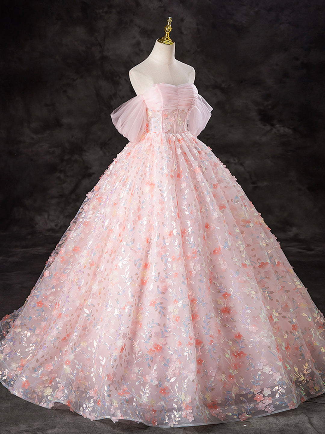 A-Line Off Shoulder Tulle Lace Pink Long Prom Dress, Pink Sweet 16 Dress ED045