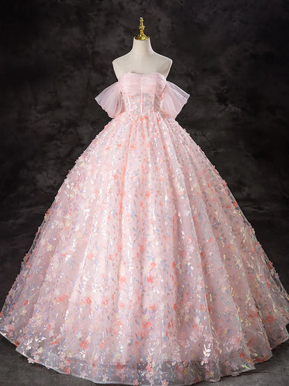 A-Line Off Shoulder Tulle Lace Pink Long Prom Dress, Pink Sweet 16 Dress ED045