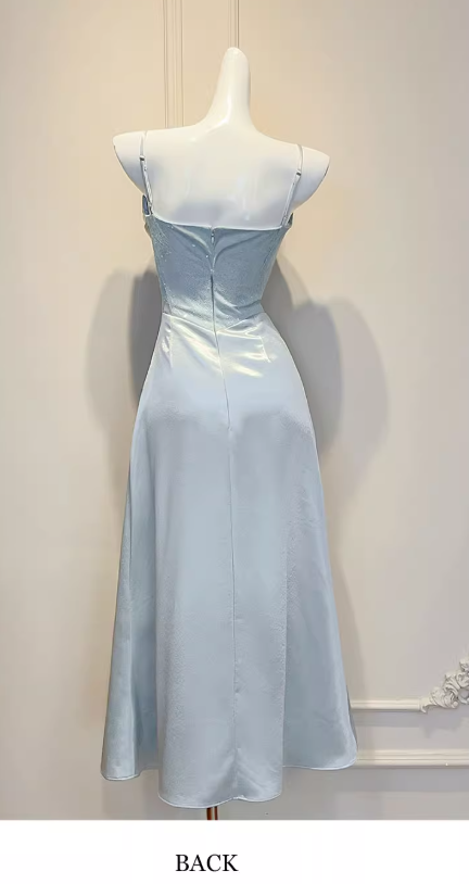 Elegant Spaghetti Strap Sheath Long Prom Dresses Satin Blue Formal Dresses ED04500