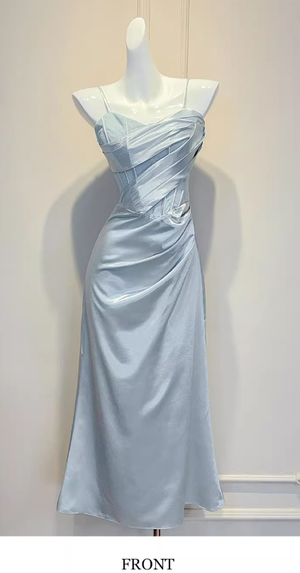 Elegant Spaghetti Strap Sheath Long Prom Dresses Satin Blue Formal Dresses ED04500