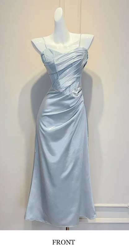Elegant Spaghetti Strap Sheath Long Prom Dresses Satin Blue Formal Dresses ED04500