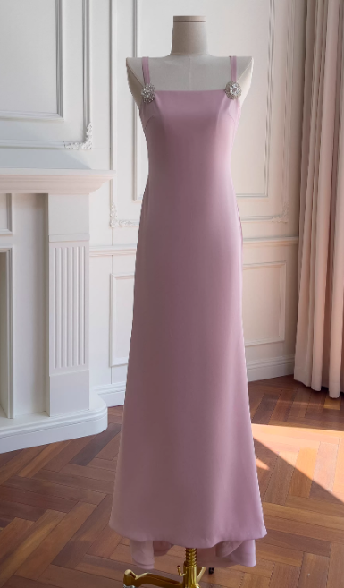 Elegant Square Neck Sheath Wedding Guest Dresses Chiffon Pink Formal Dresses ED04501