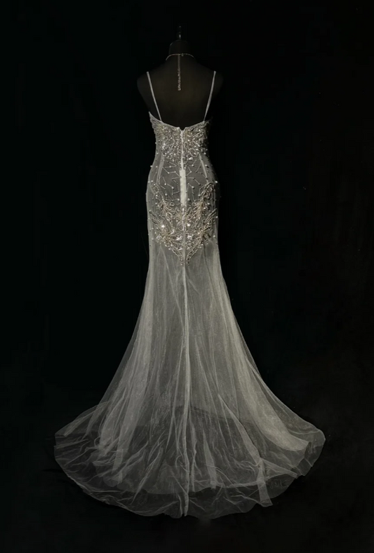 Vintage Spaghetti Strap Mermaid Long Prom Dresses Chiffon Beaded Grey Formal Dresses ED04503