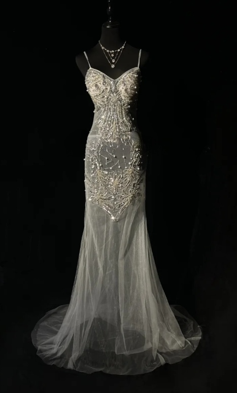 Vintage Spaghetti Strap Mermaid Long Prom Dresses Chiffon Beaded Grey Formal Dresses ED04503