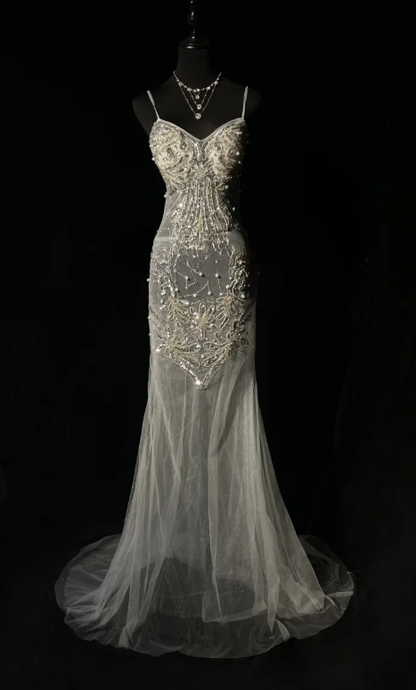 Vintage Spaghetti Strap Mermaid Long Prom Dresses Chiffon Beaded Grey Formal Dresses ED04503